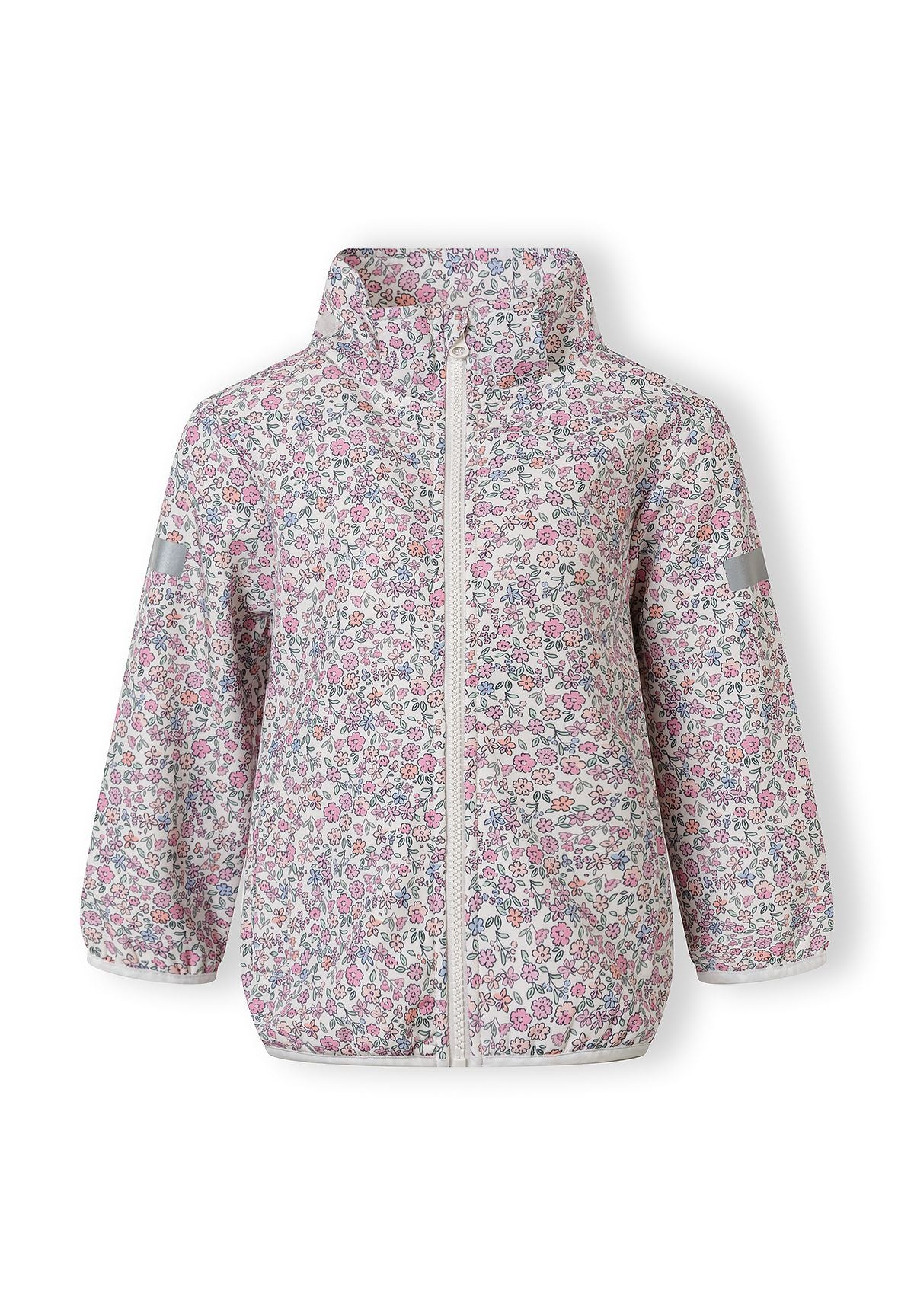 Girls softshell wind-resistant jacket, floral print, front view, features attached hood and two pockets.