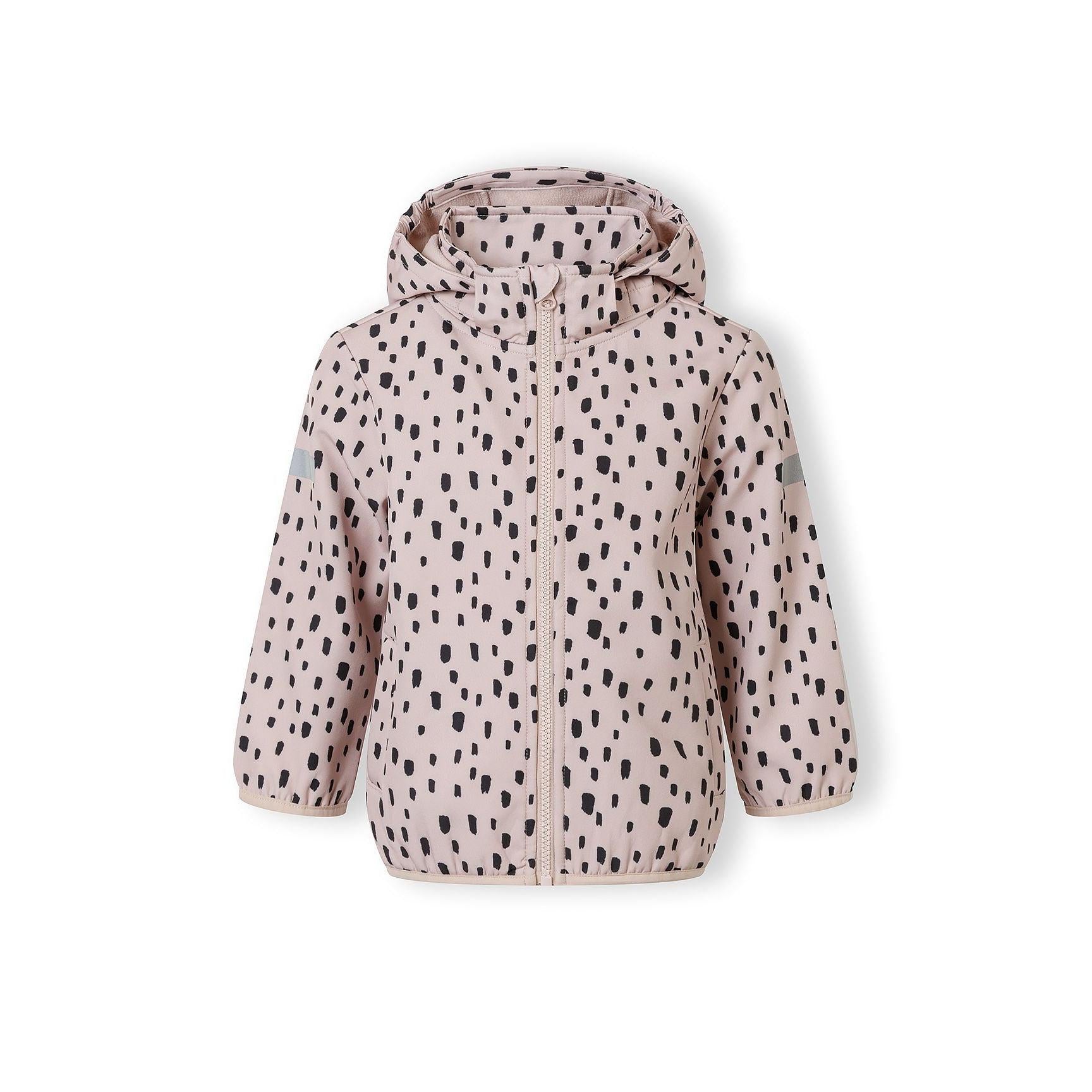 Pink softshell jacket with black spots laid flat showing removable hood, full-length zip closure and overall design details on white background