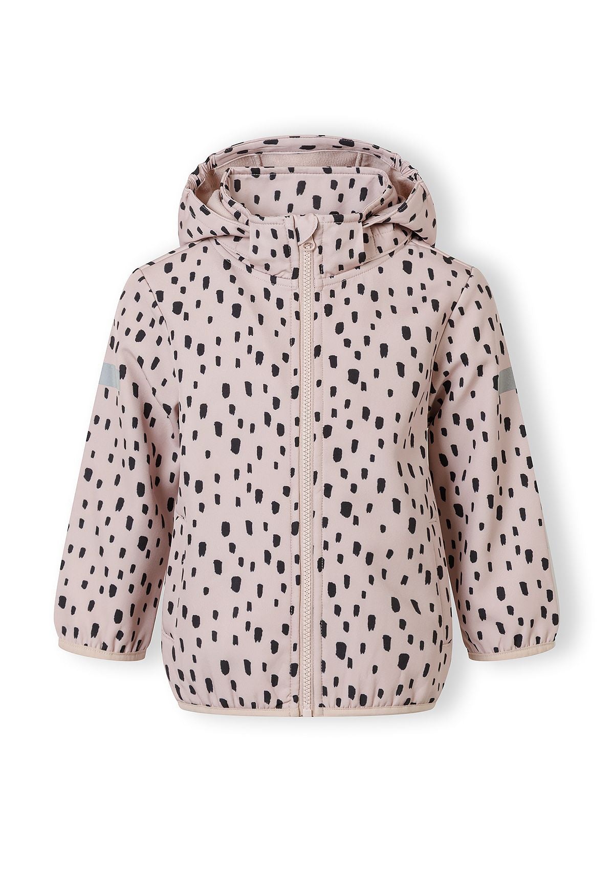 Girls softshell jacket in pink with black spots, front view, features a full-length zip and removable hood.