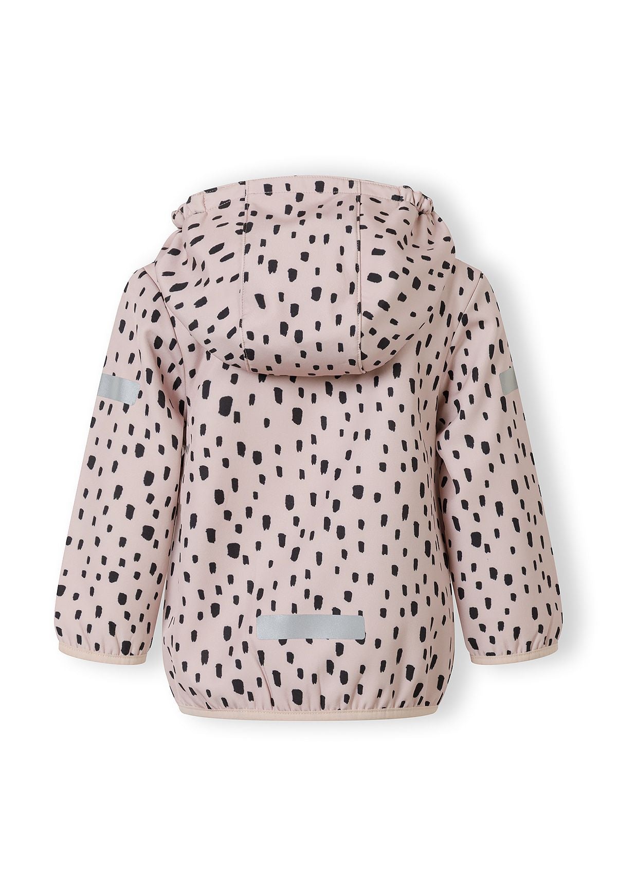 Girls softshell jacket in pink with a removable hood, back view, featuring black spotted pattern.