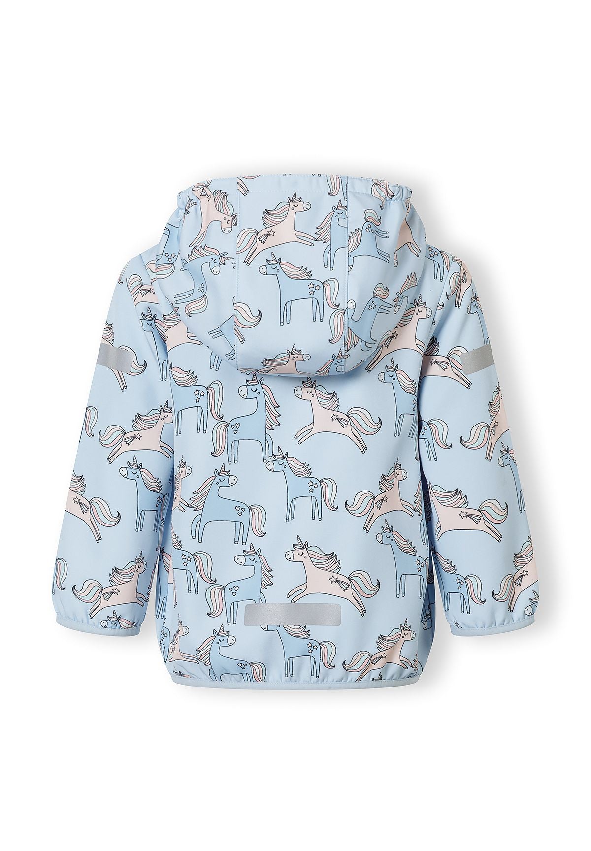 Back view of a girls' light blue softshell jacket with unicorn print and removable hood.