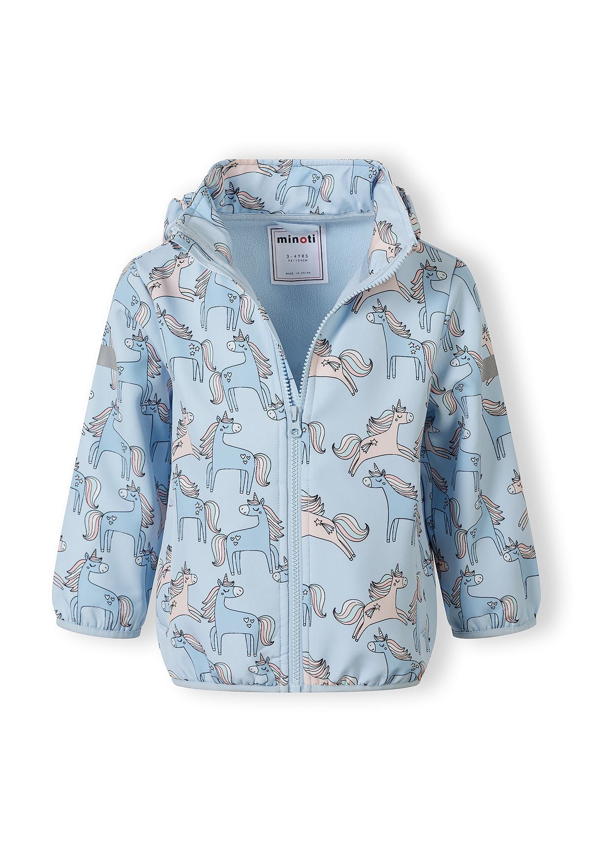The light blue hooded printed jacket shown open to reveal the inside.