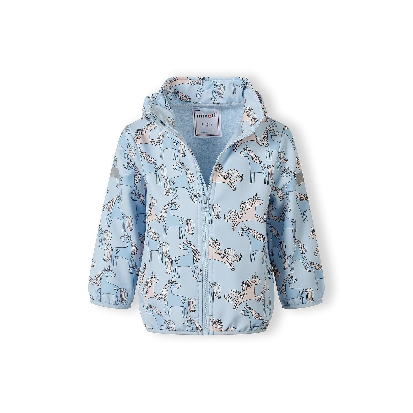 Light blue softshell jacket with unicorn print laid flat showing full-length zip, removable hood and Minoti brand label on white background