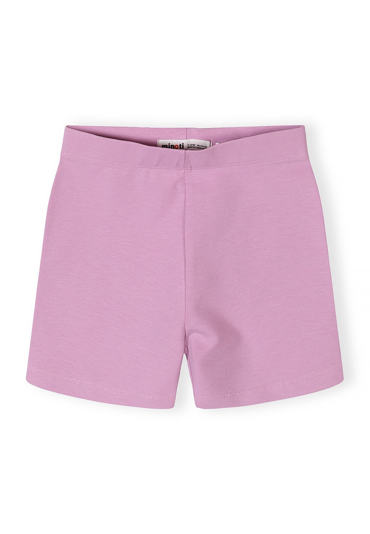 Detail of lilac cycle shorts with elasticated waistband for girls aged 12 months to 7 years.
