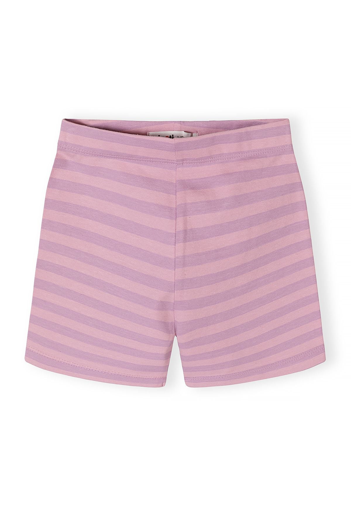 Lilac cycle shorts for girls, front view, featuring horizontal stripes and an elasticated waistband.