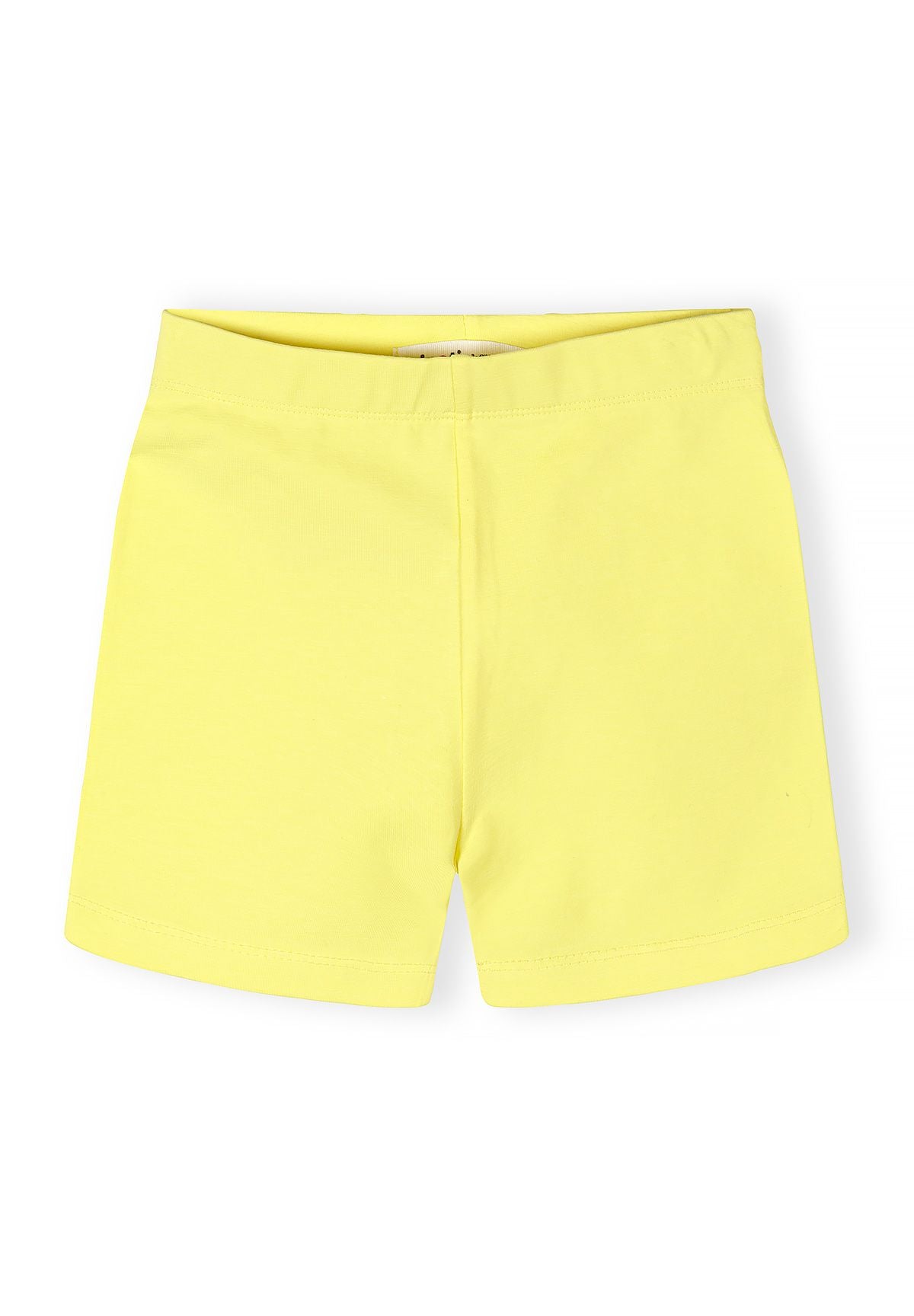 Girls cotton stretch bike shorts in yellow, front view, elasticated waistband.