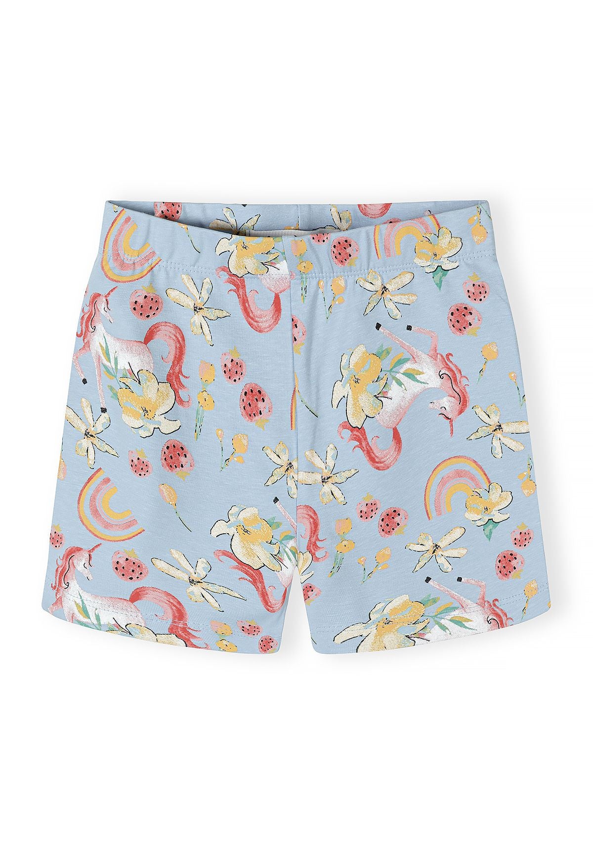 Detail of blue bicycle shorts with unicorn and floral prints.