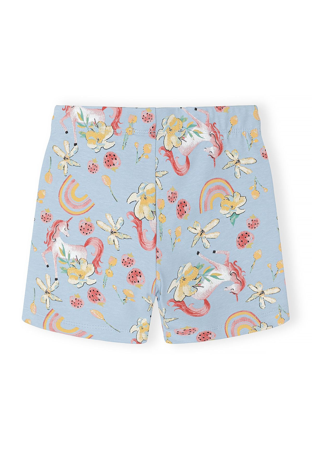 Detail of blue bicycle shorts with unicorn print, flowers, and rainbows.