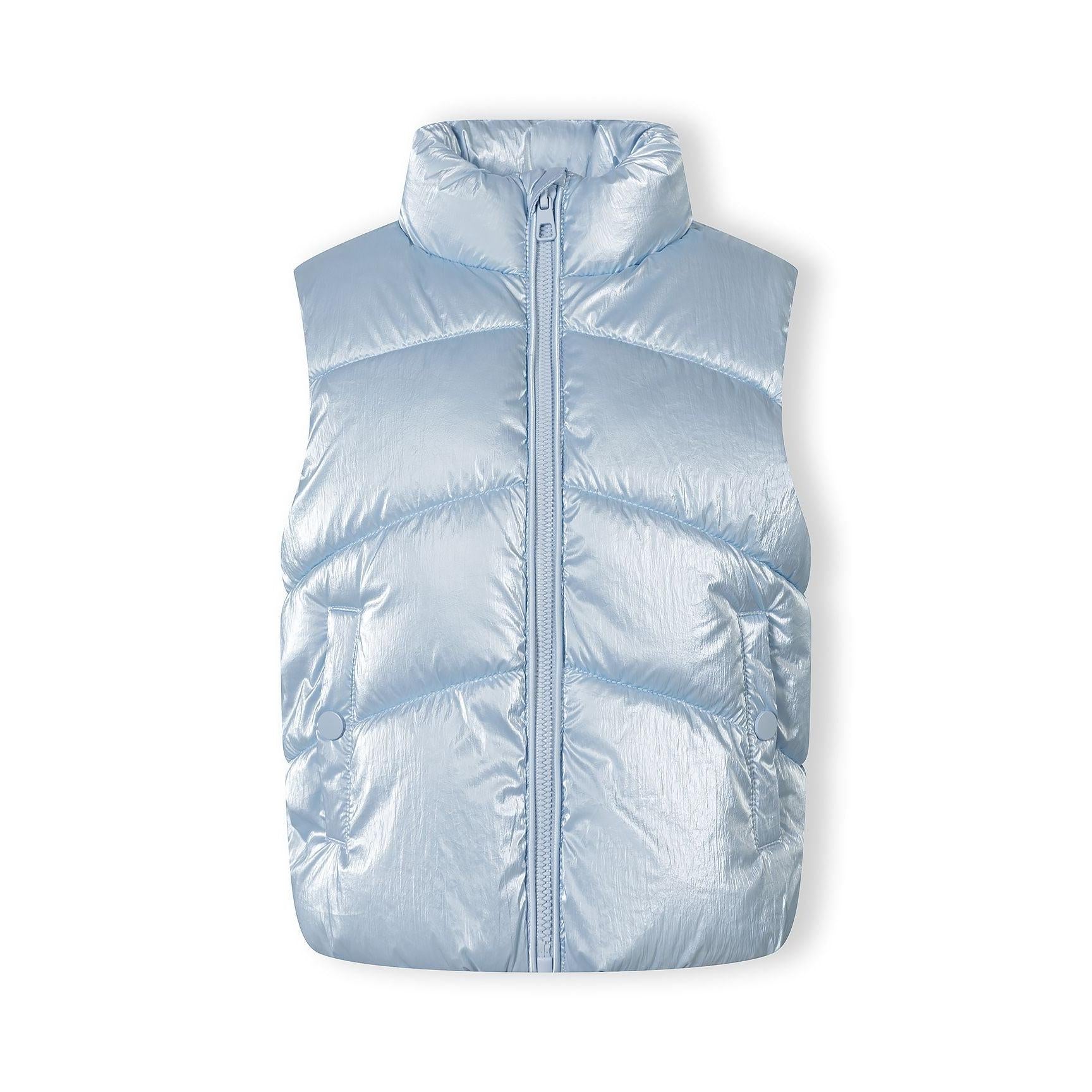 Front view of metallic blue quilted waistcoat with full zip closure, high collar and horizontal quilted pattern on white background