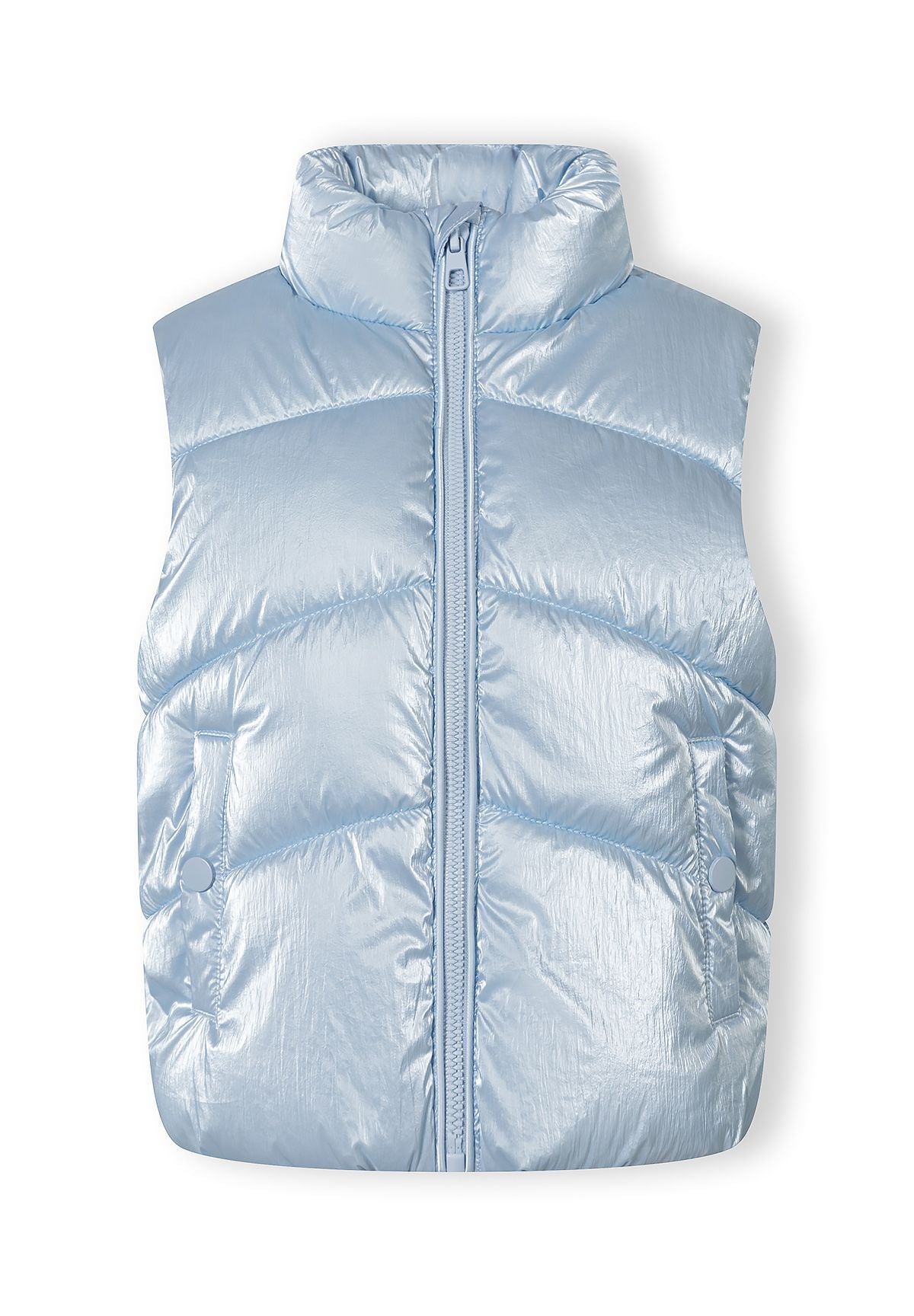 Girls quilted waistcoat in metallic light blue, front view with zip fastening and side pockets.