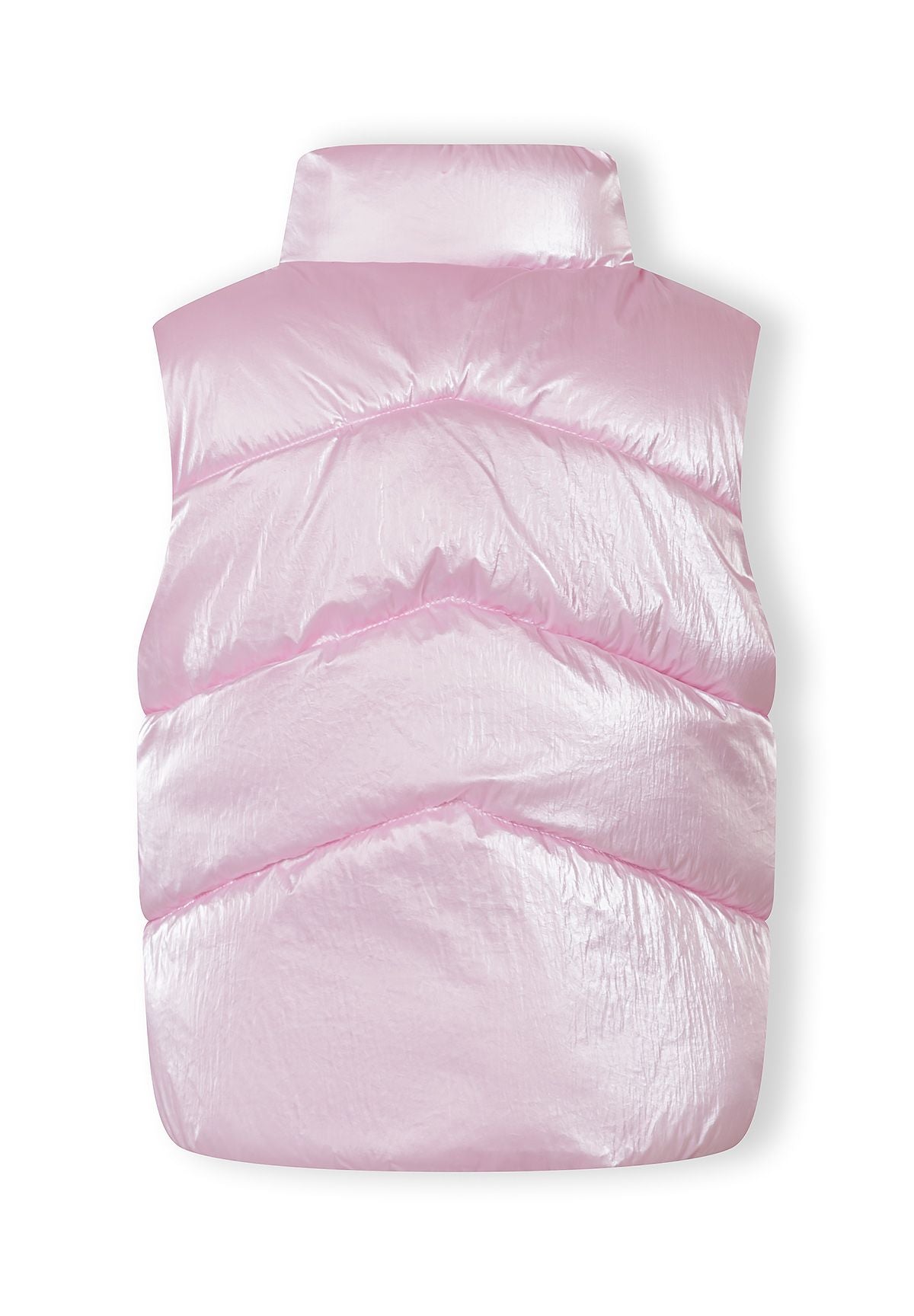 Girls padded waistcoat in metallic pink, back view with chevron quilting and high collar.