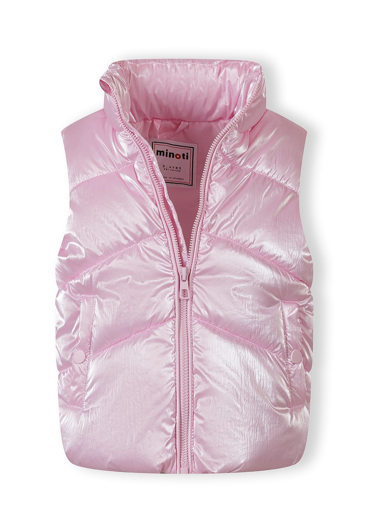 Girls padded waistcoat in metallic pink, front view with full-length zip and side pockets.
