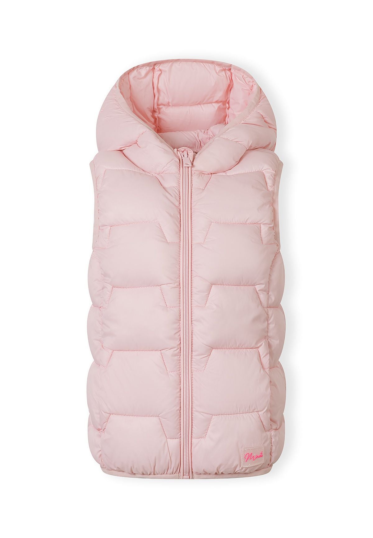 Girls lightweight pink gilet with hood, front view, featuring a full zip and side pockets.