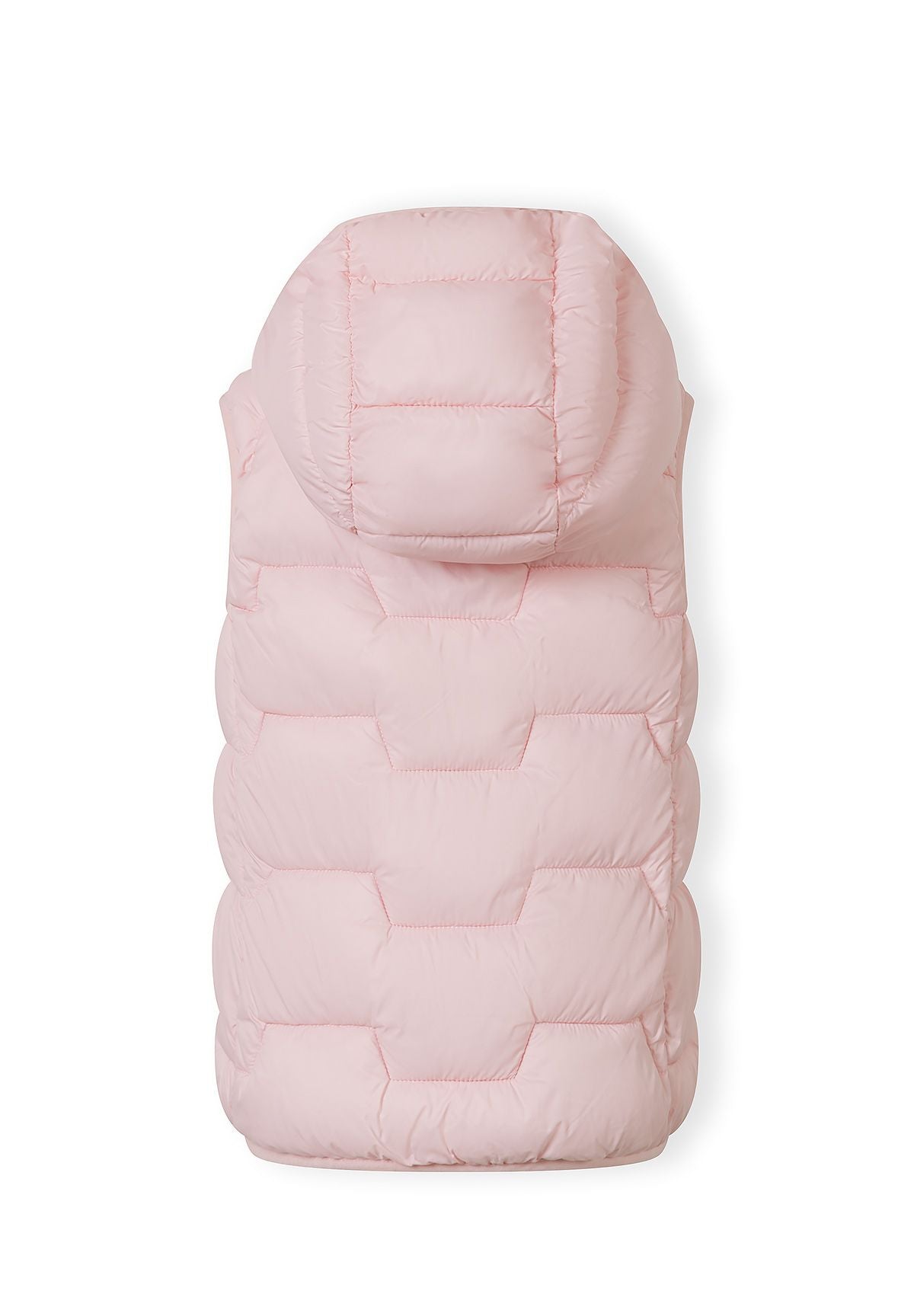 Girls lightweight pink gilet with hood, back view, featuring quilted design.