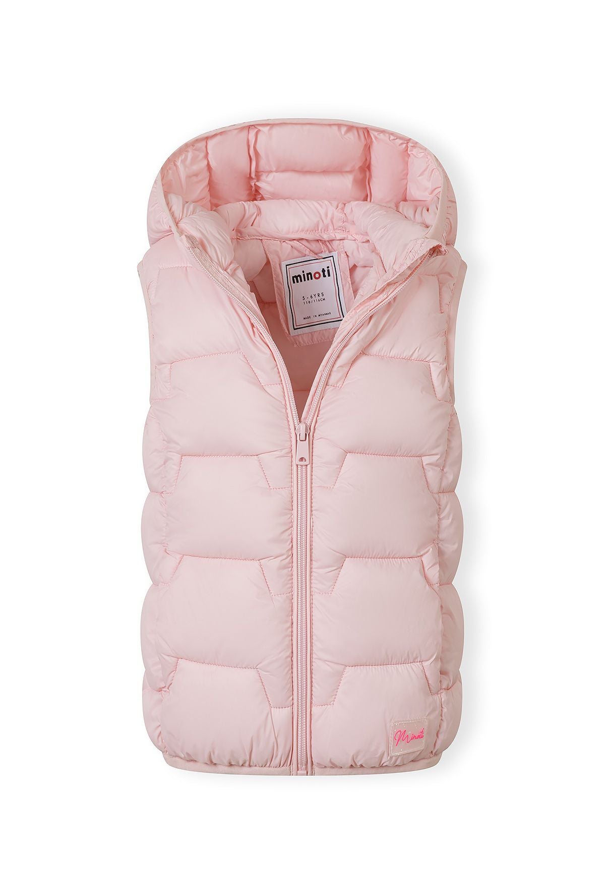 Girls lightweight pink gilet with hood, front view, full zip and side pockets.