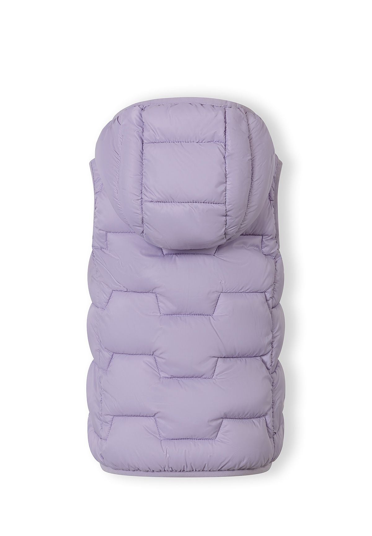 Girls sleeveless hooded lilac gilet, back view with quilted design and no pockets.