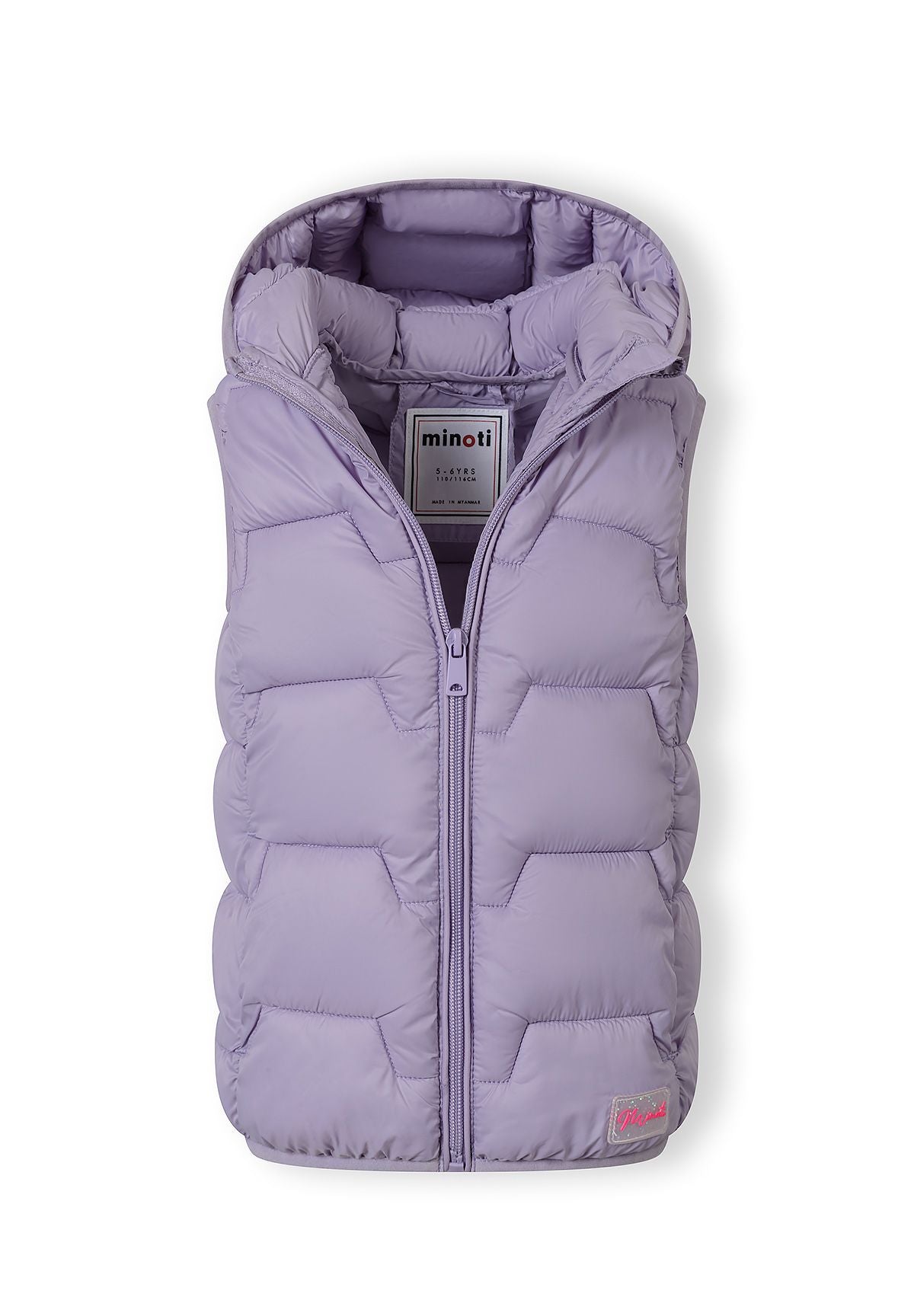 Girls sleeveless lilac gilet with hood and pockets, front view.