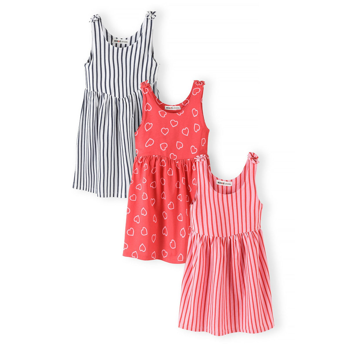 Girls' sundresses 3-pack in red, pink, white and navy — complete product view for square Shop card