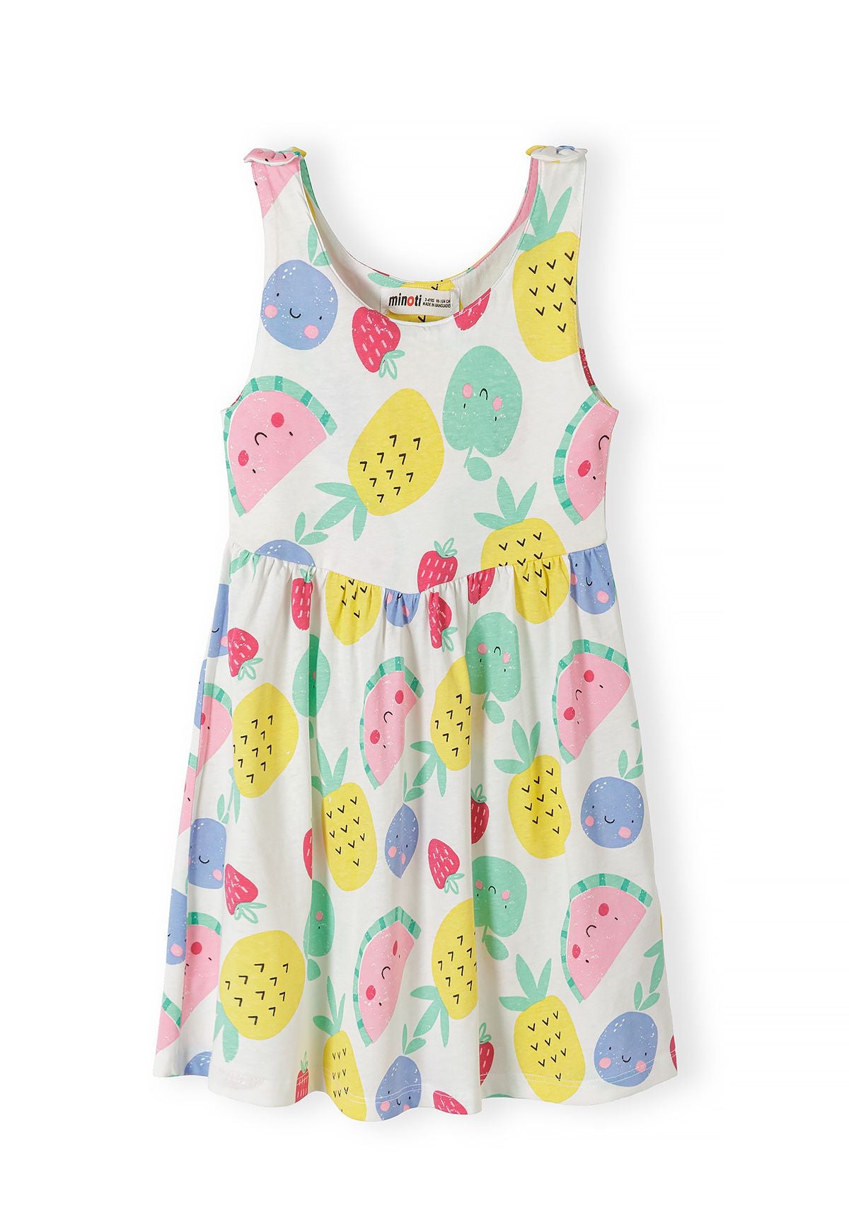 Single pink sleeveless dress with white polka dot pattern, featuring tie straps and gathered waist, displayed flat on white background