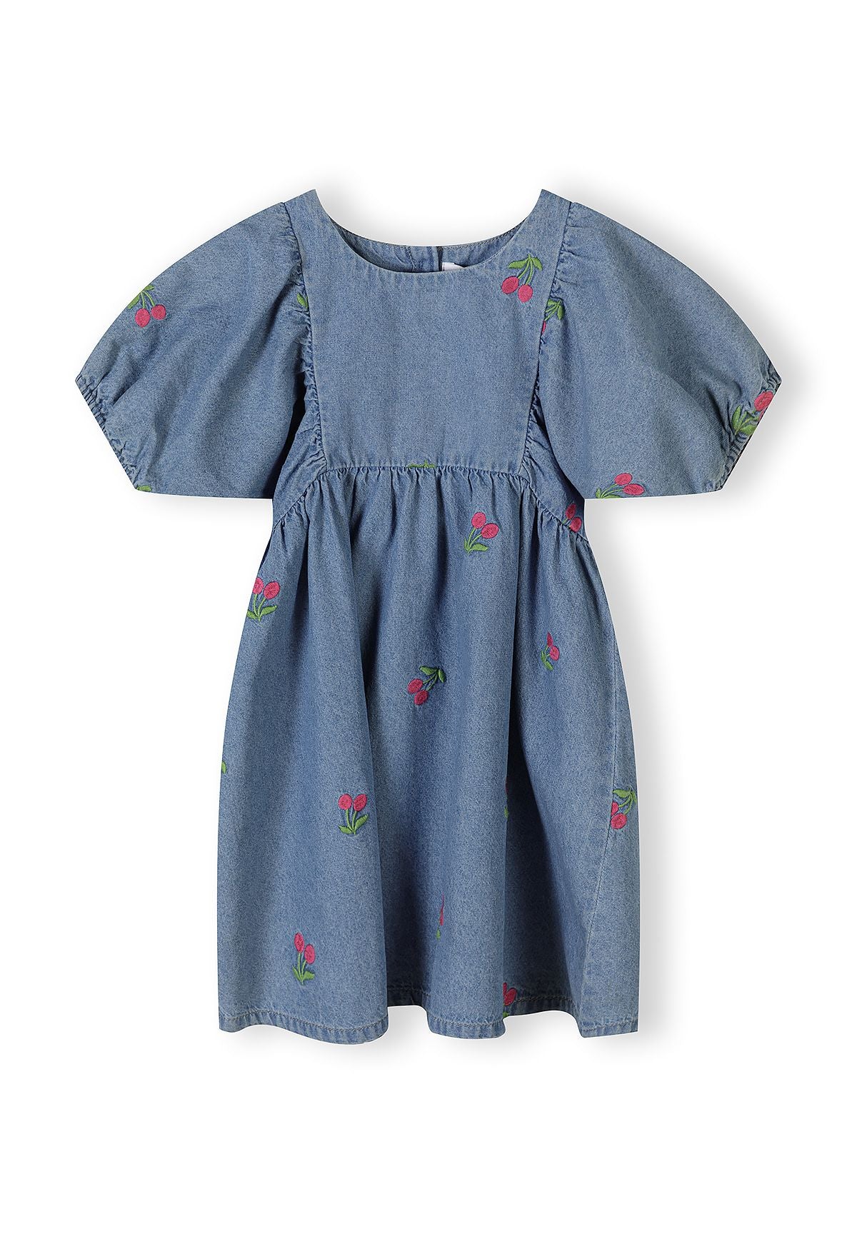 Girls denim dress in mid-blue with cherry embroidery, front view.