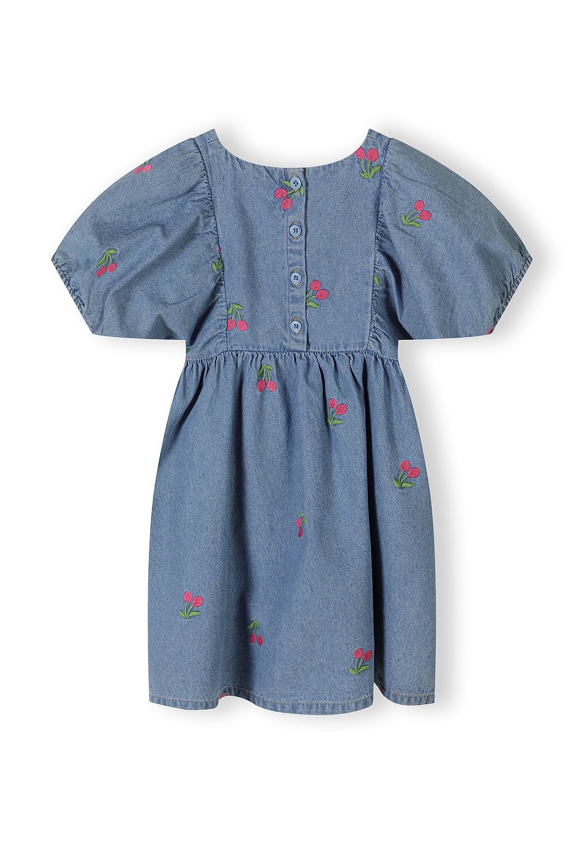 Girls denim dress in blue with cherry embroidery, back view, short sleeves and button fastening.