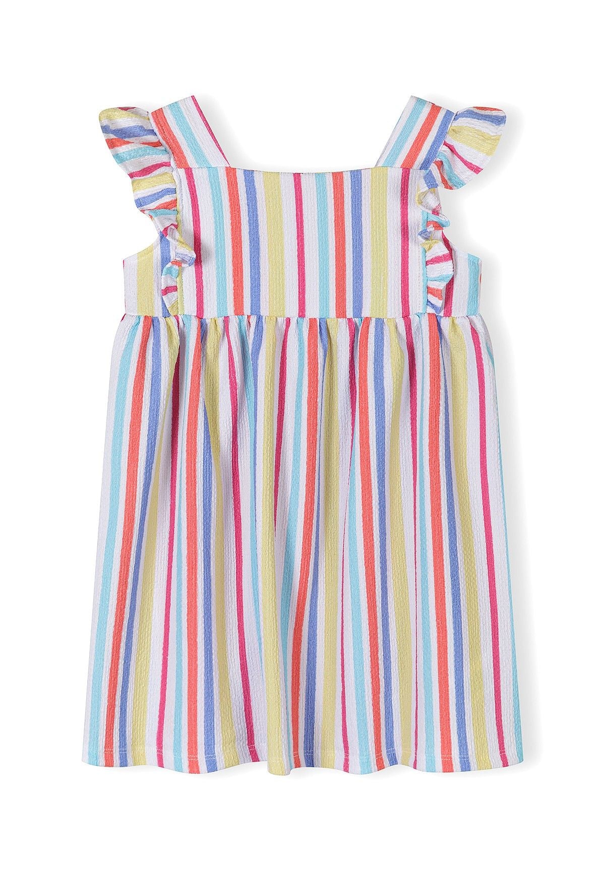 Girls multicolour striped dress, front view, fitted silhouette with flutter sleeves.