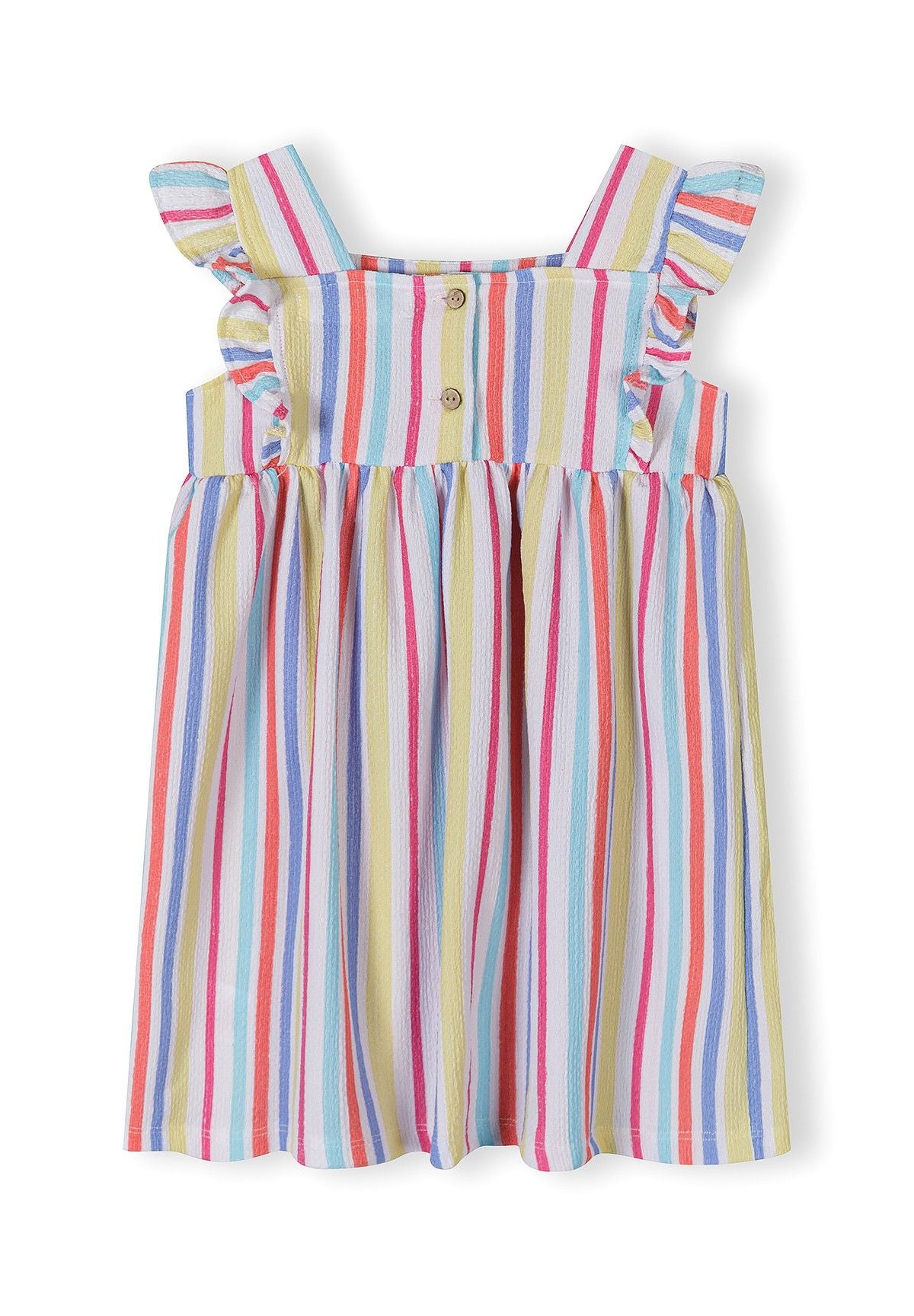 Girls multicolour striped dress, front view, fitted silhouette, flutter sleeves.