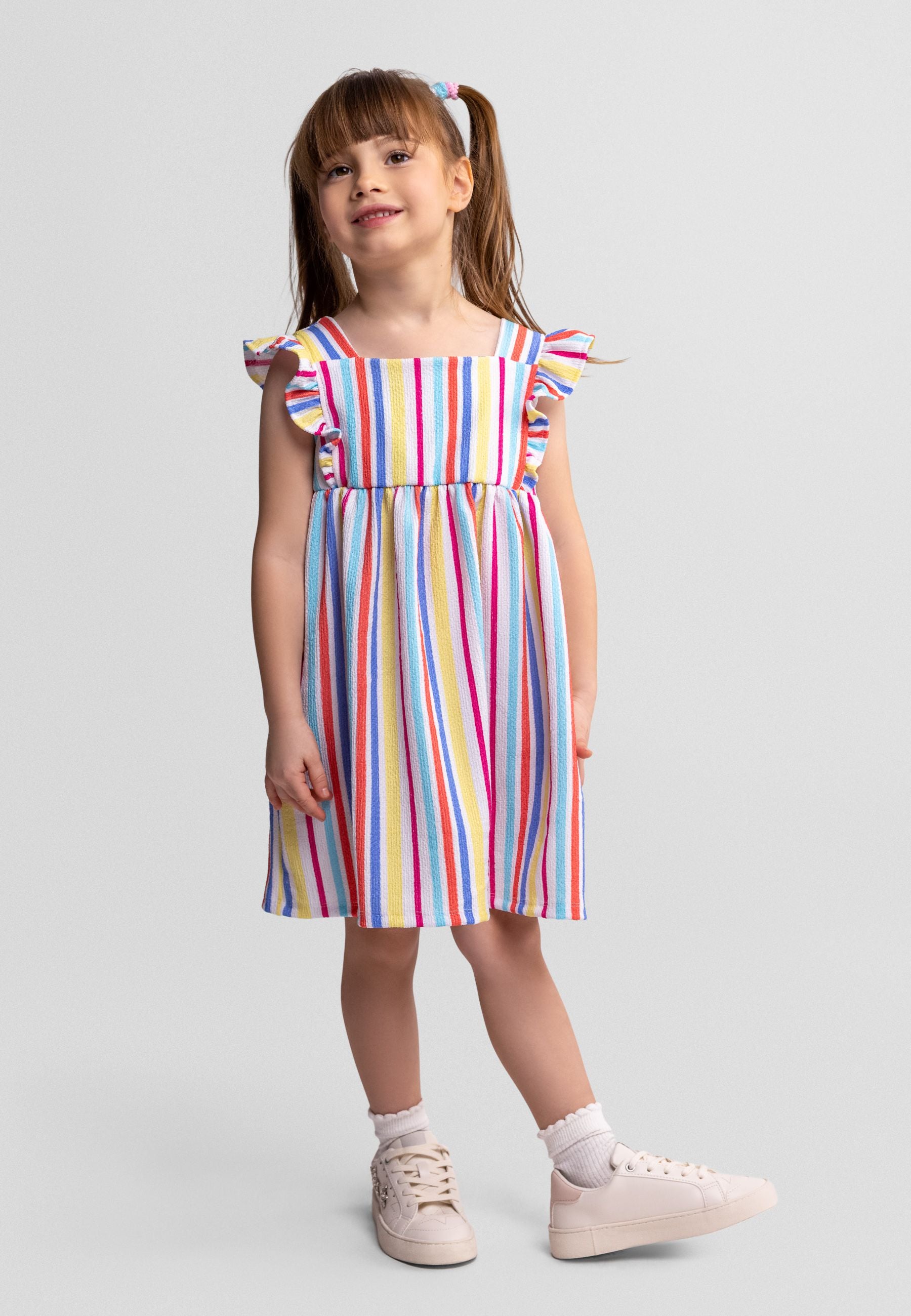 Girls multicolour striped dress with flutter sleeves, front view.