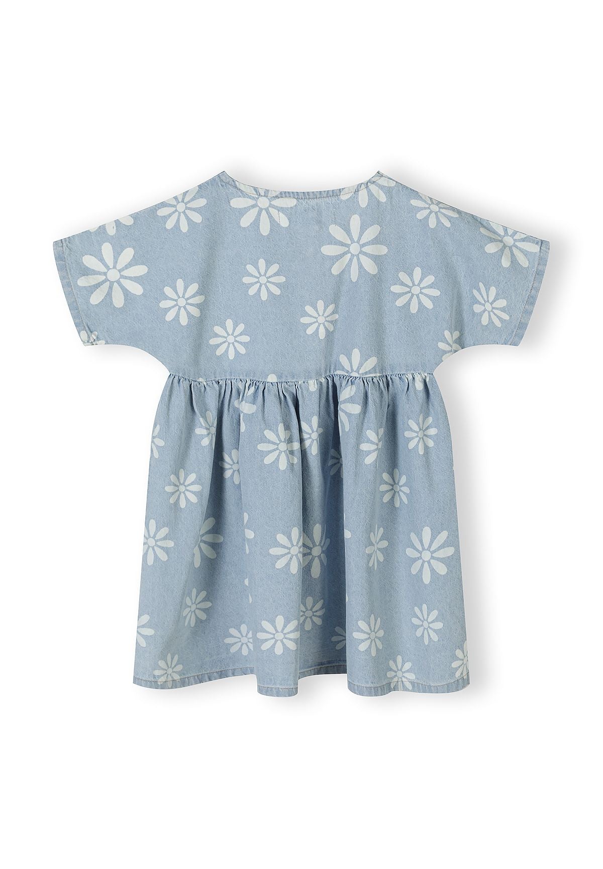 Girls chambray dress with floral print, back view, short sleeves.