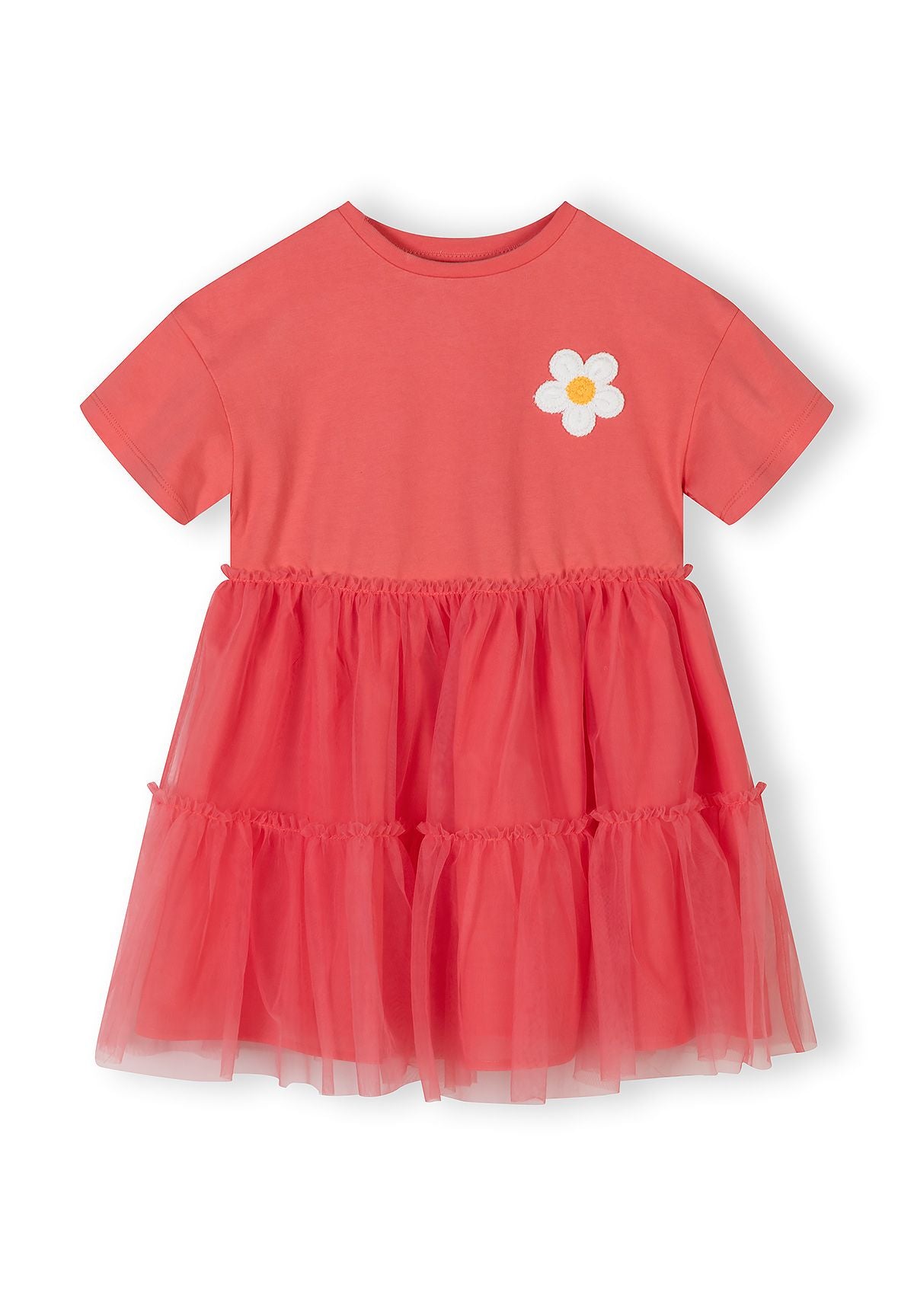 Girls jersey dress with orange multilayer tulle skirt and floral detail, front view.