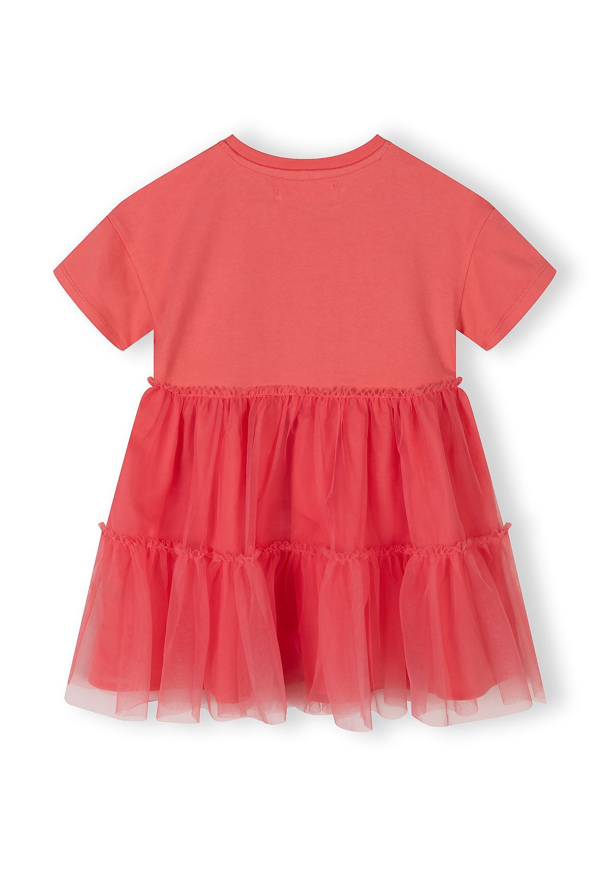 Back view of a girls' orange jersey dress with multilayer tulle skirt and elasticated waist.