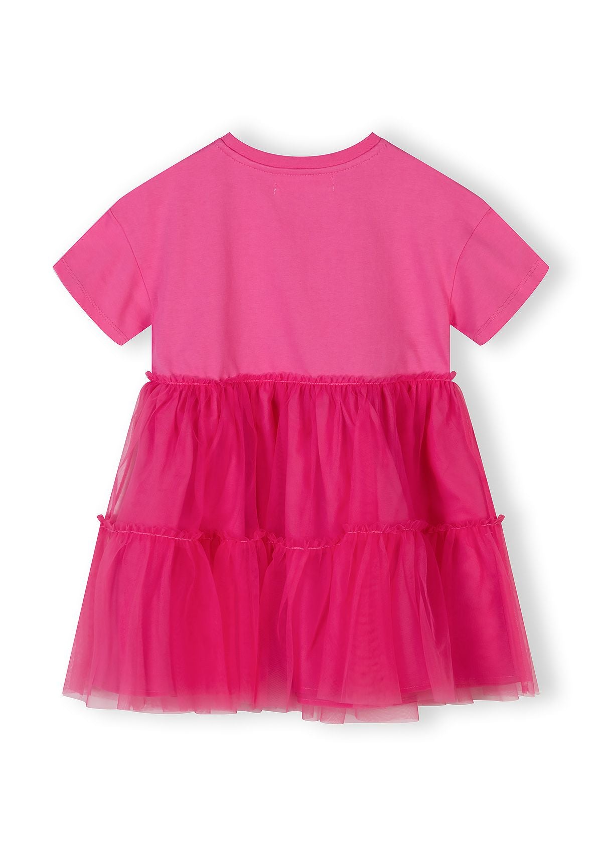 Back view of a girls' pink jersey dress with layered tulle skirt and short sleeves.
