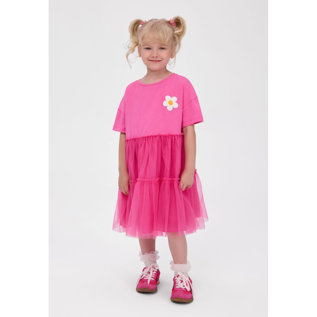 Girls' tiered mesh skirt dress in pink — complete product view for square Shop card