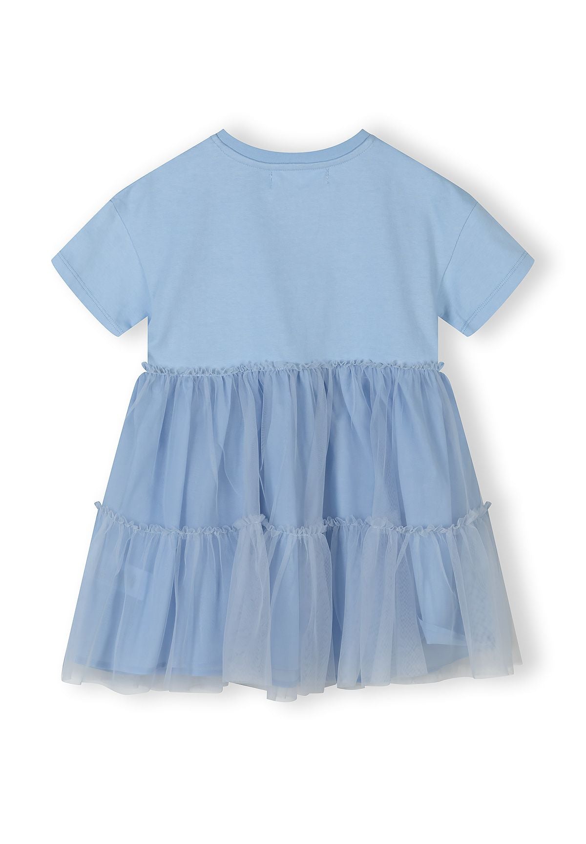 Back view of a girls' blue jersey dress with layered tulle skirt and short sleeves.