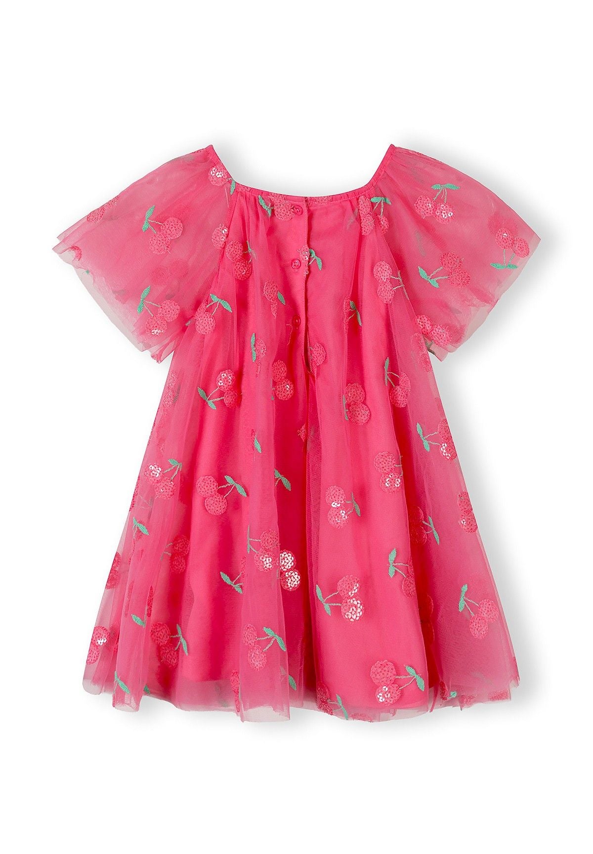 Pink tulle party dress for girls, front view, featuring angel sleeves and floral sequin details.