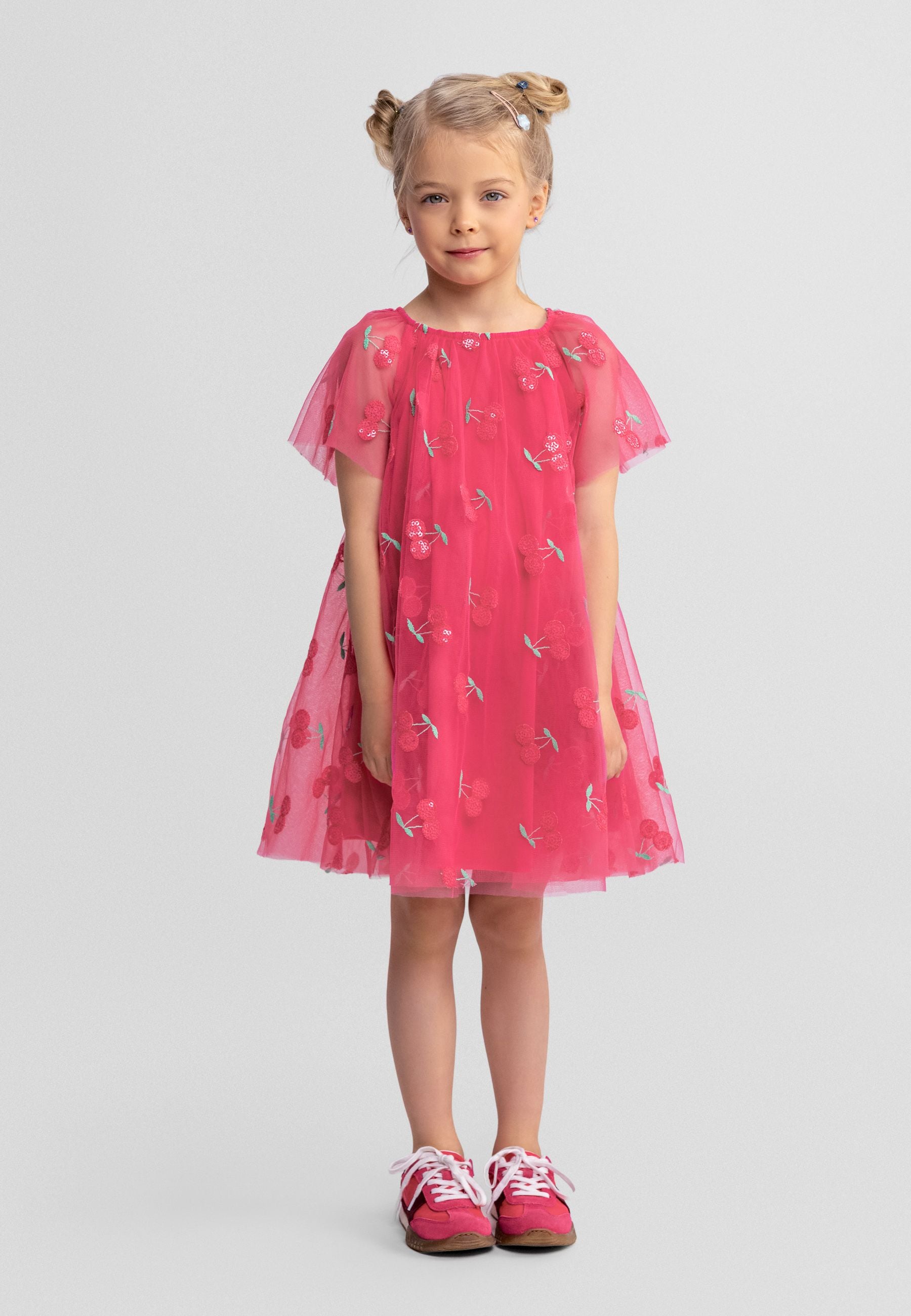 Front view of a pink tulle party dress for girls, featuring angel sleeves and floral embroidery.