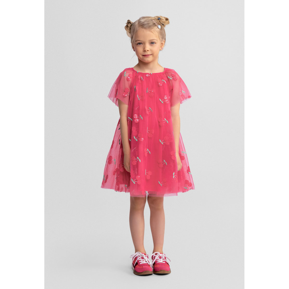 Girls' mesh overlay dress in pink — complete product view for square Shop card