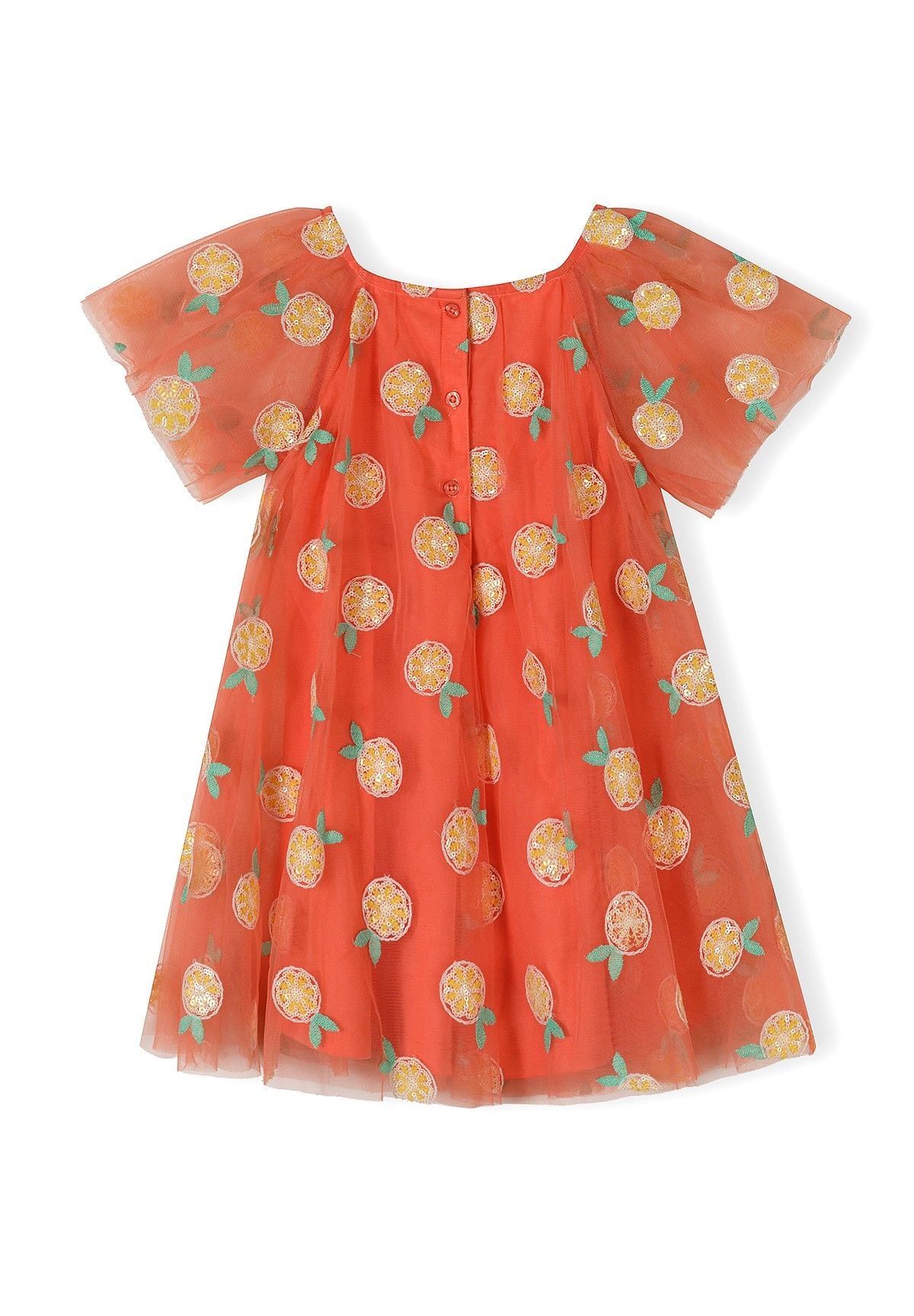 Apricot tulle party dress for girls, front view, with layered design and angel sleeves.