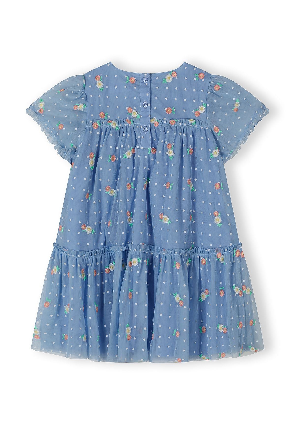 Girls blue embroidered tulle dress, back view, short sleeves, tiered skirt.