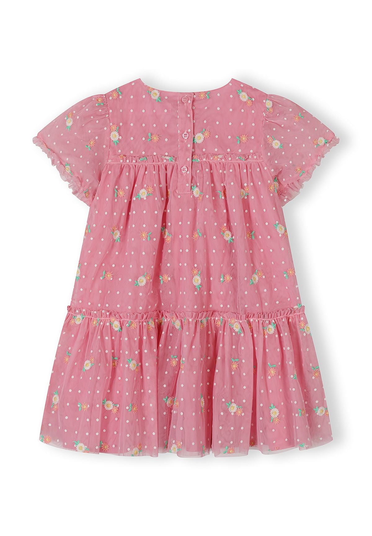 Back view of a girls' pink floral embroidered tulle dress with short sleeves and button closure.