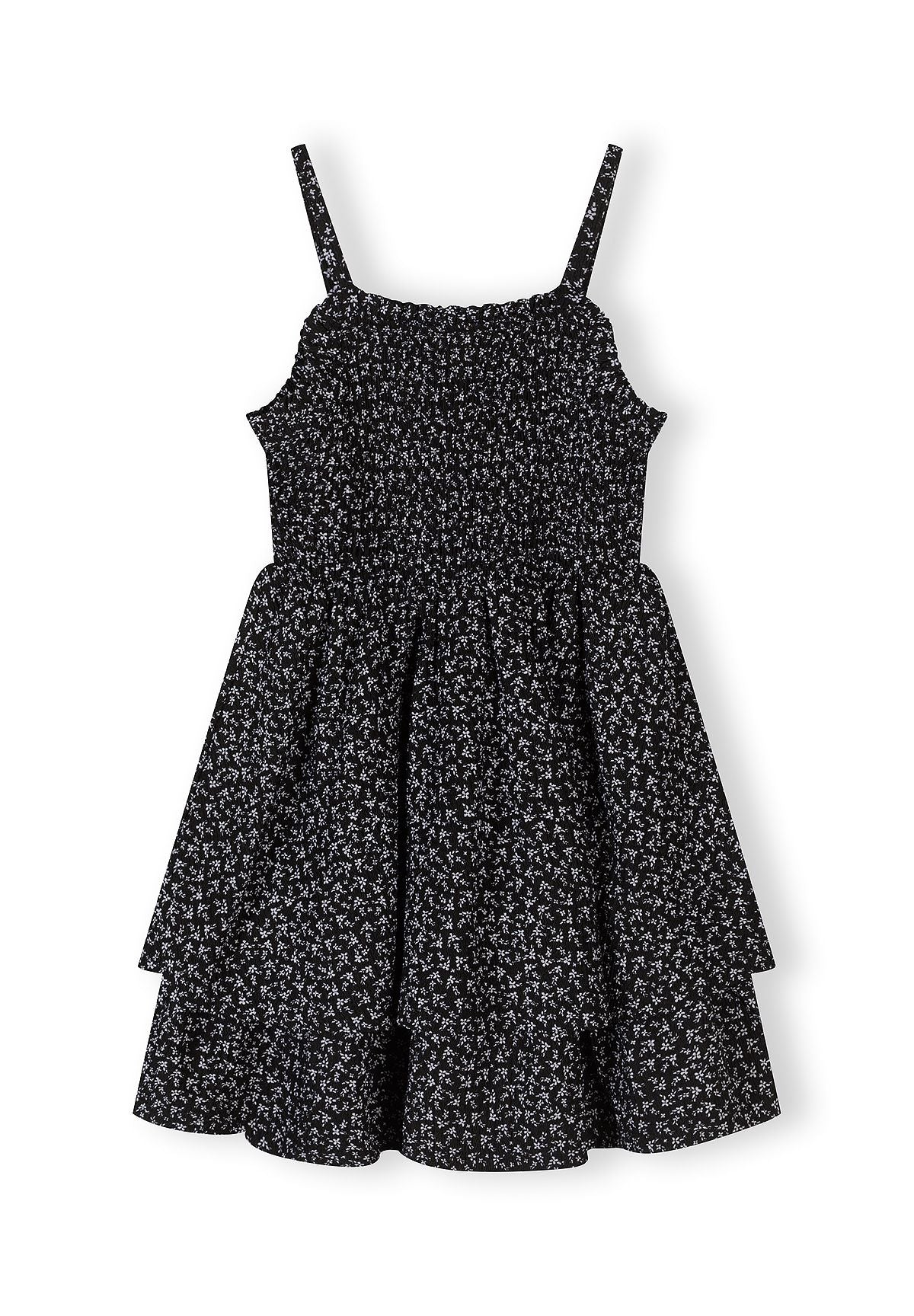 Girls floral summer dress, black, front view with adjustable straps and ruched bodice.