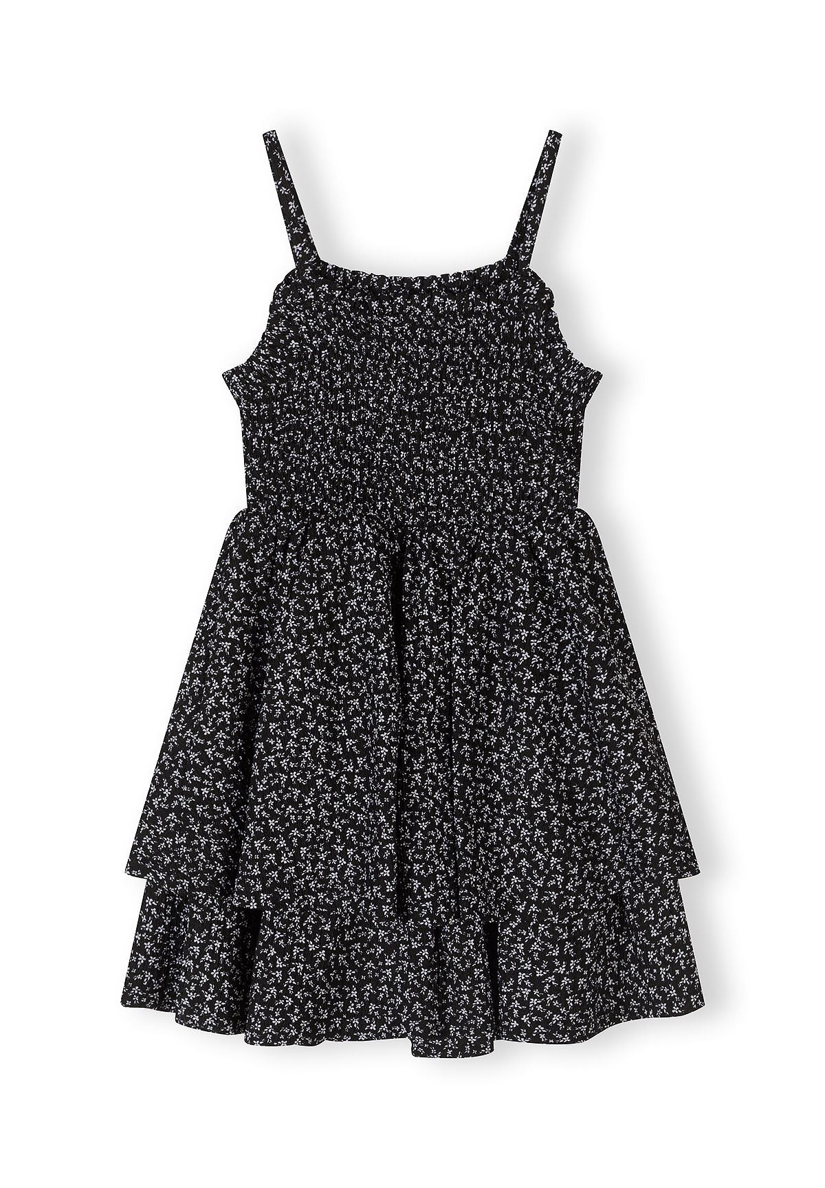 Black and white shirred floral sundress, back.
