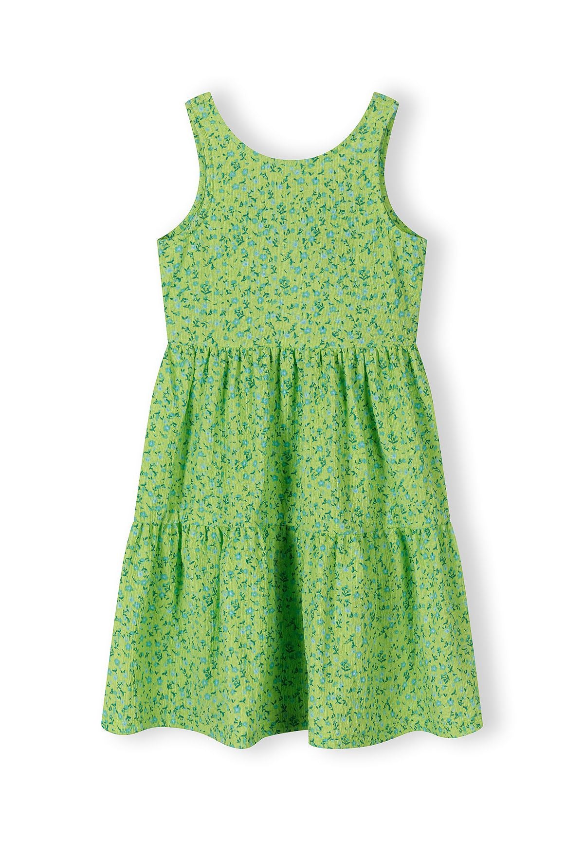 Girls sleeveless floral summer dress with tiered skirt and adjustable back tie, front view.