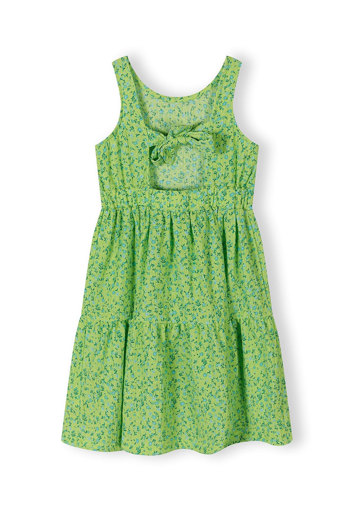 Girls sleeveless floral summer dress in emerald green, front view with adjustable back tie.