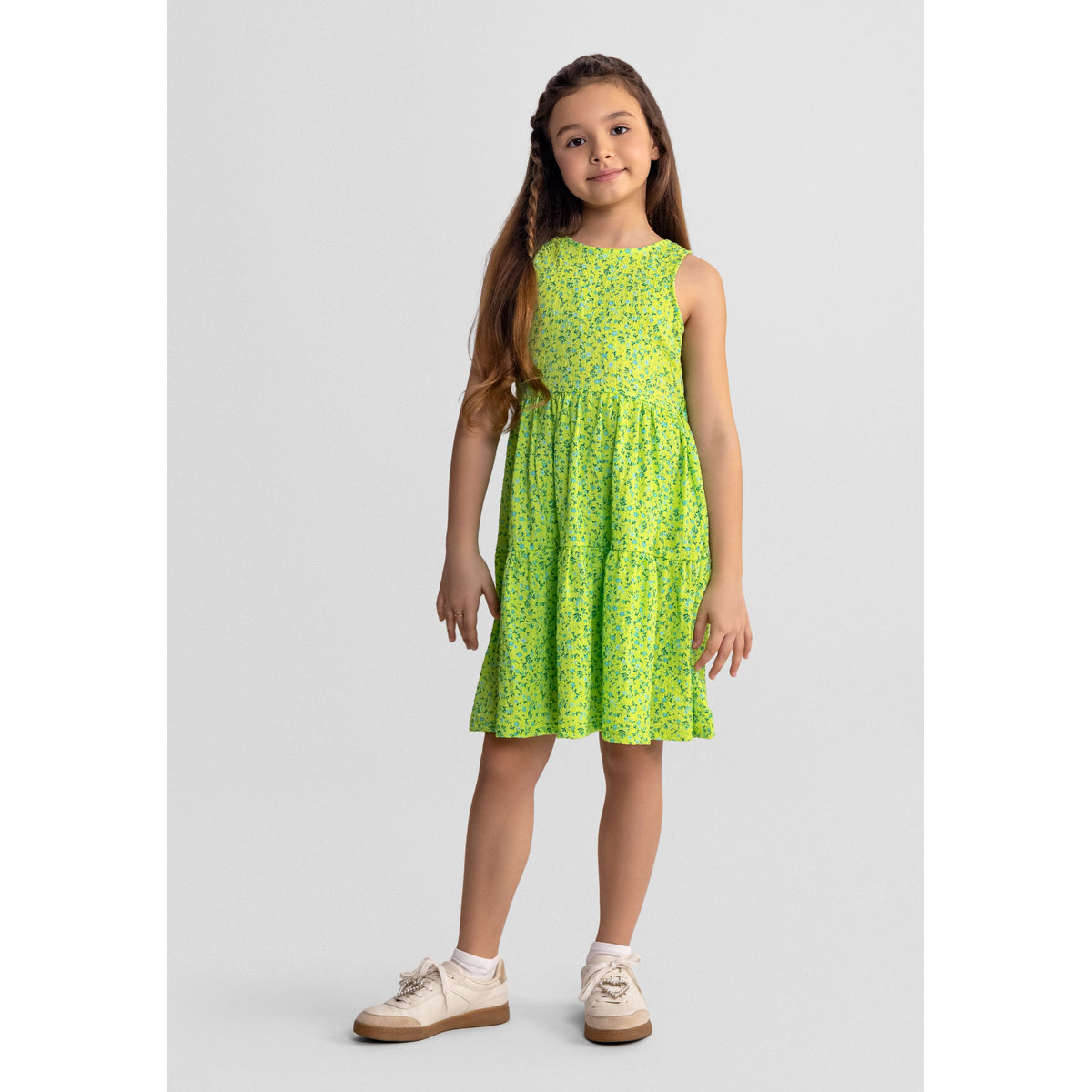 Girls' floral bow-back sundress in lime green and blue — complete product view for square Shop card