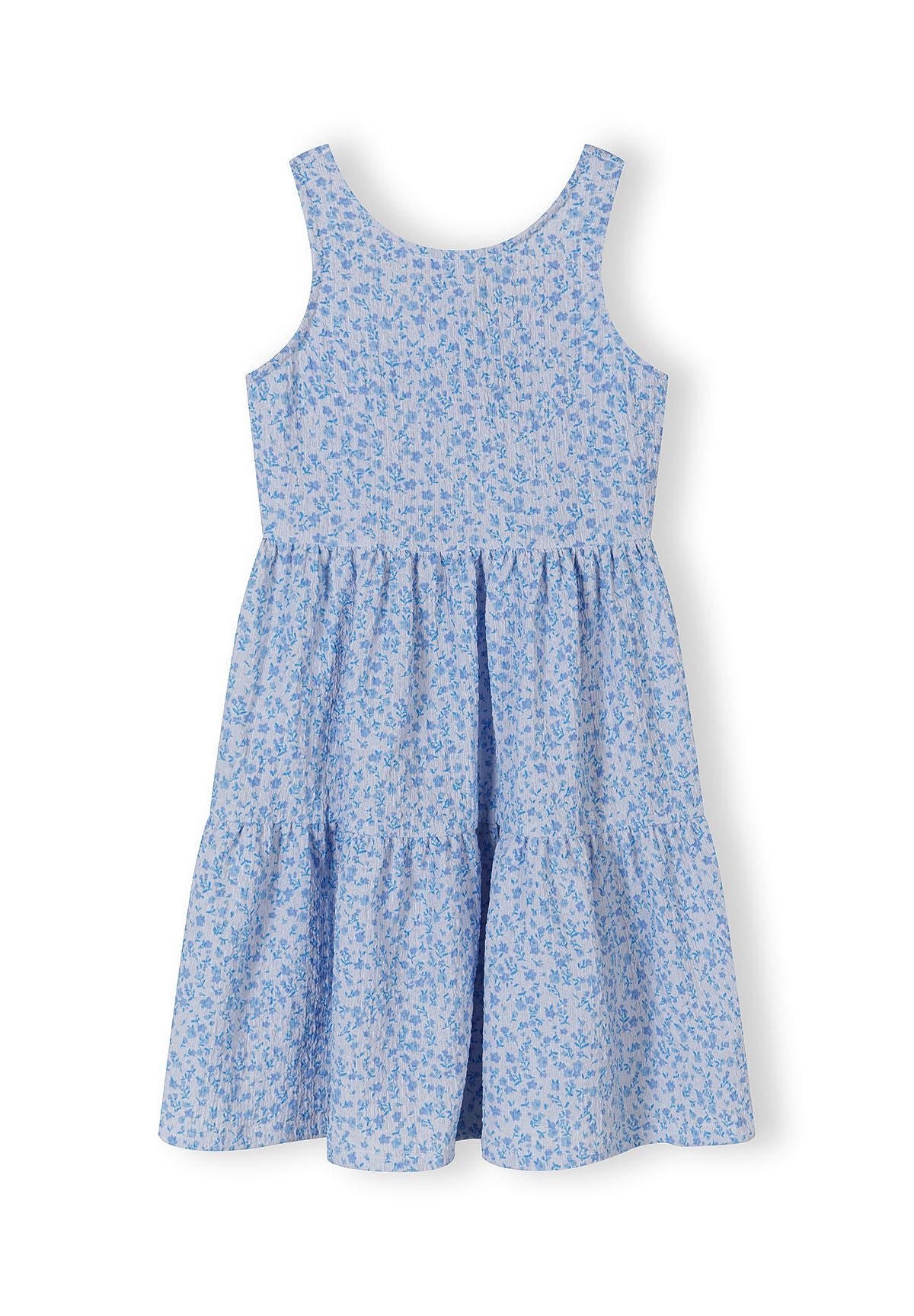 Girls sleeveless tiered blue floral summer dress, front view.