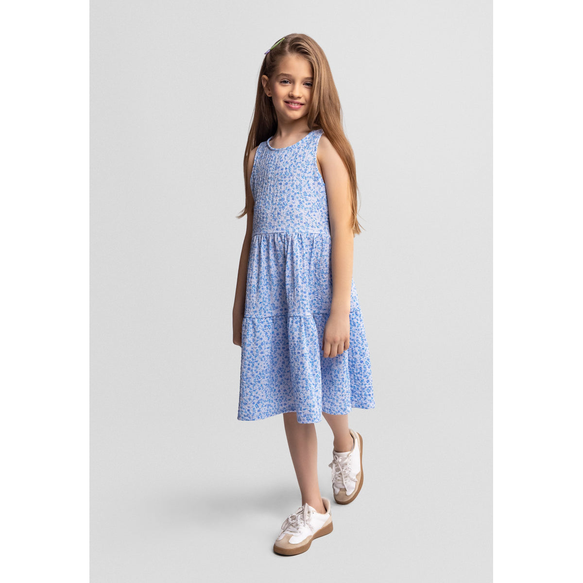 Girls' floral bow-back sundress in light blue and white — complete product view for square Shop card
