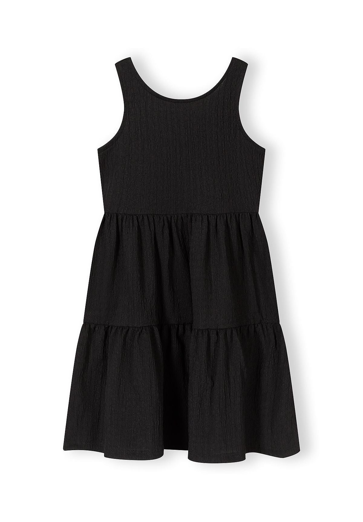 Black tiered bow-back sundress, front.