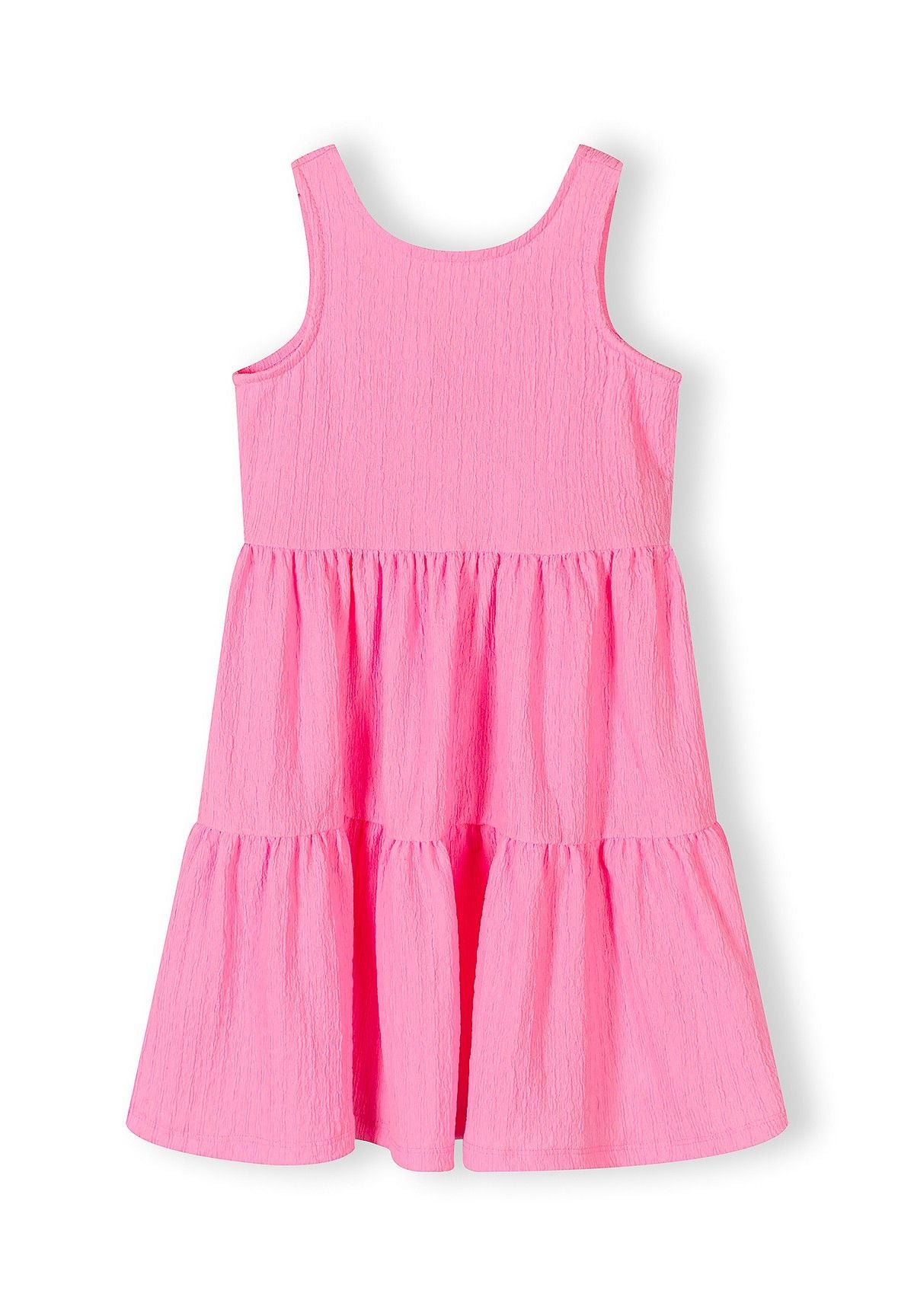 Girls sleeveless pink tiered summer dress, front view with adjustable fit.