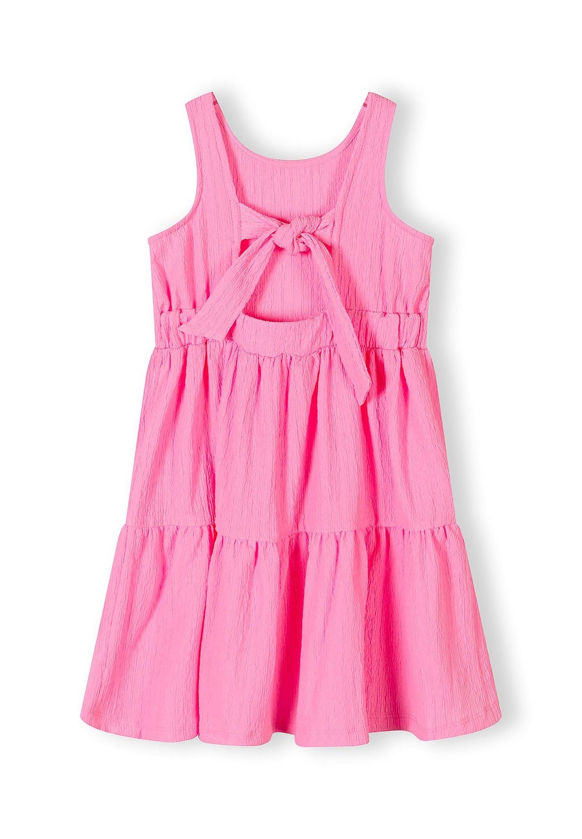 Girls sleeveless pink tiered summer dress with adjustable back tie.